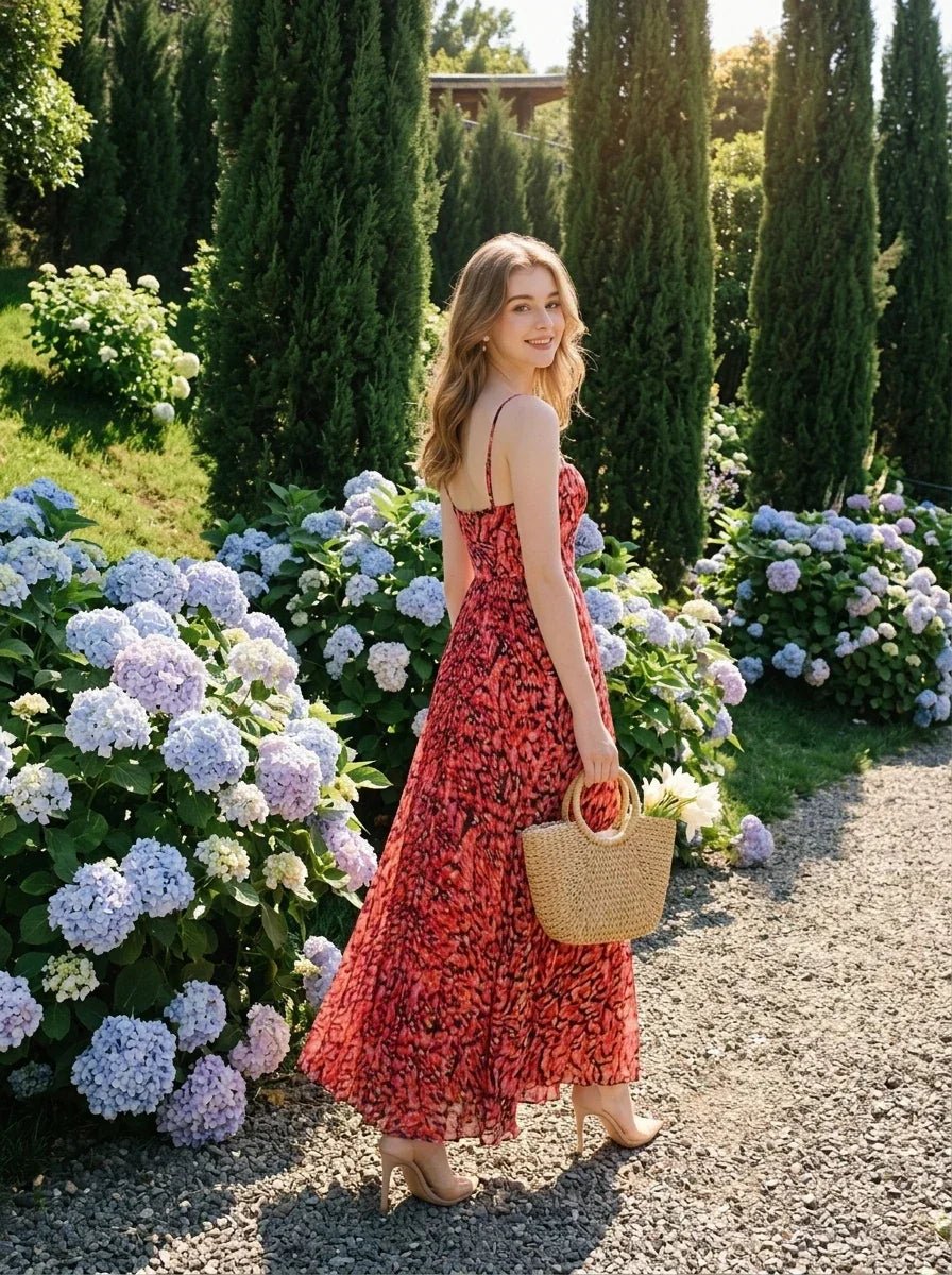 Woman in a red floral print maxi dress holding a straw bag in a garden