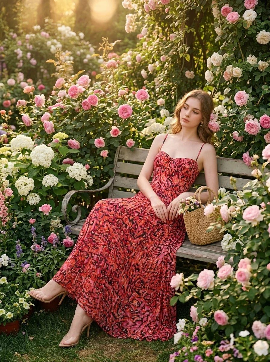 Woman in a red floral print maxi dress sitting on a bench in a rose garden