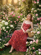 Woman in a red floral print maxi dress sitting on a bench in a rose garden