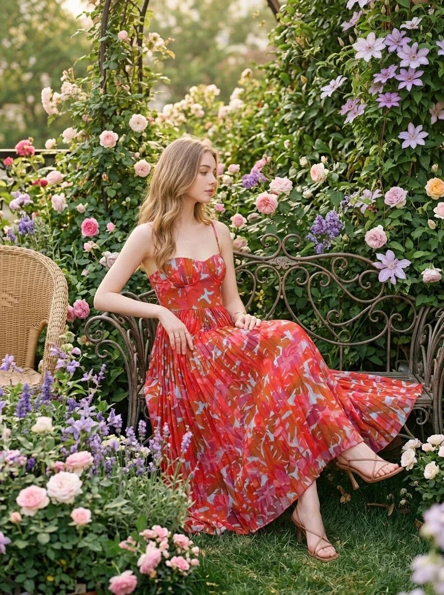 Woman sitting on a bench in a garden wearing a red floral print maxi dress with spaghetti straps and a sweetheart neckline.