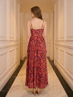 Back view of a woman in a red floral print maxi dress
