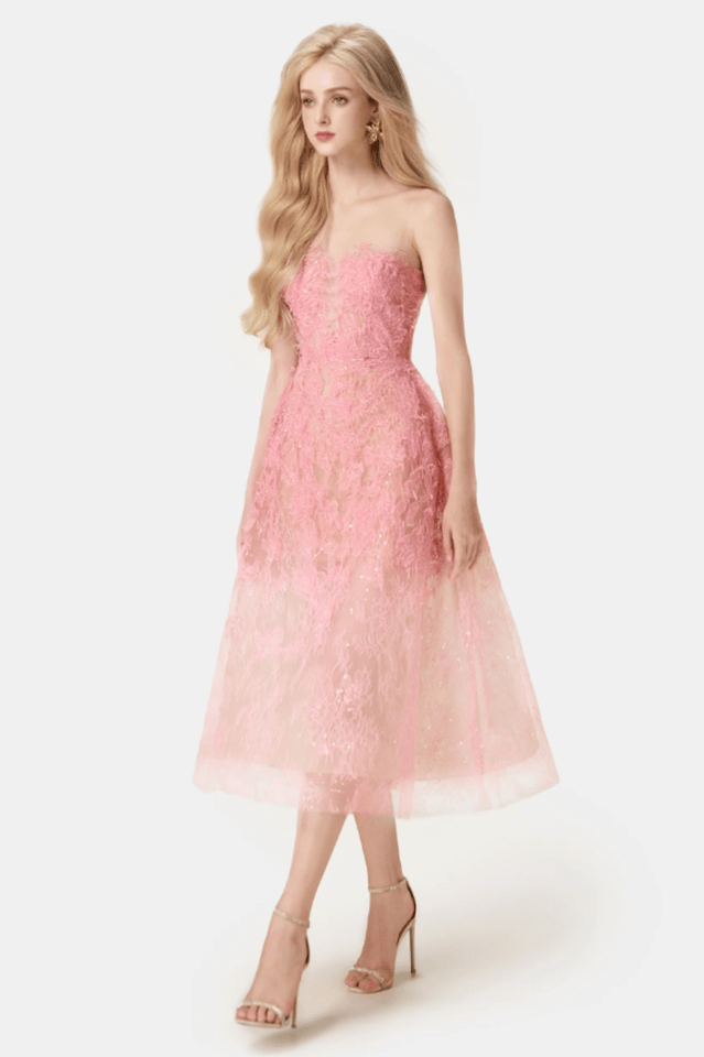 Pink Beaded Lace Dress - Tevqa