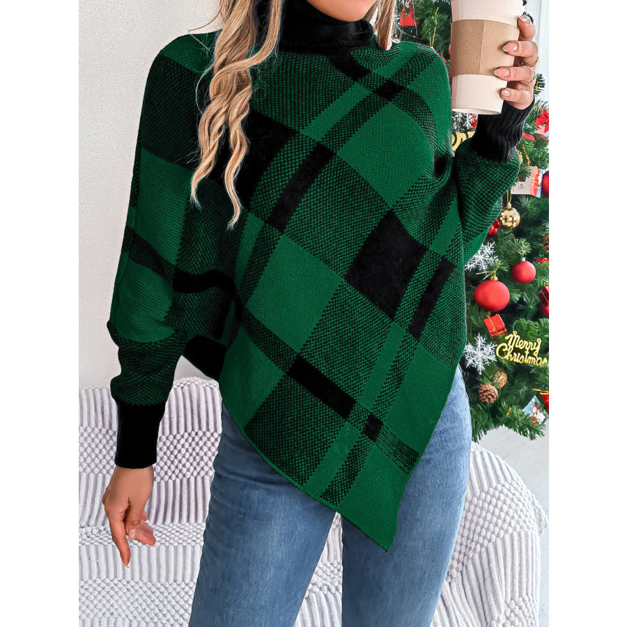 Plaid Turtleneck Batwing Sleeve Sweater Apparel and Accessories