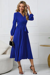Pleated Belt V - Neck Dress - Tevqa