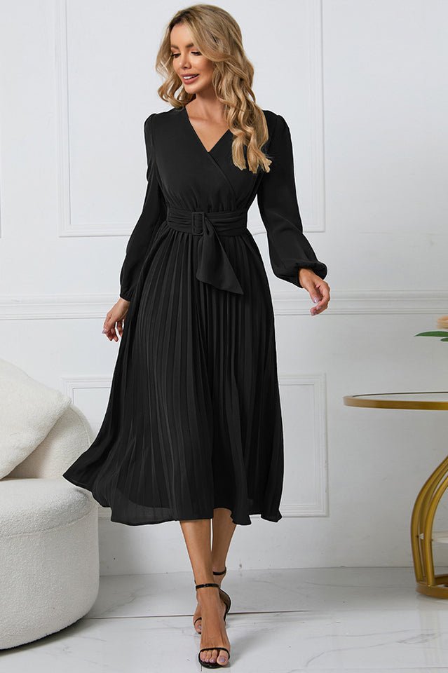 Pleated Belt V - Neck Dress - Tevqa
