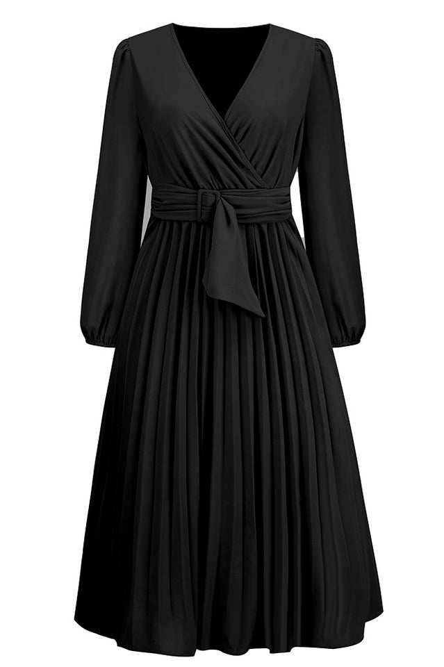 Pleated Belt V - Neck Dress - Tevqa
