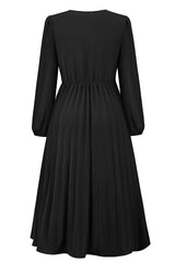Pleated Belt V - Neck Dress - Tevqa