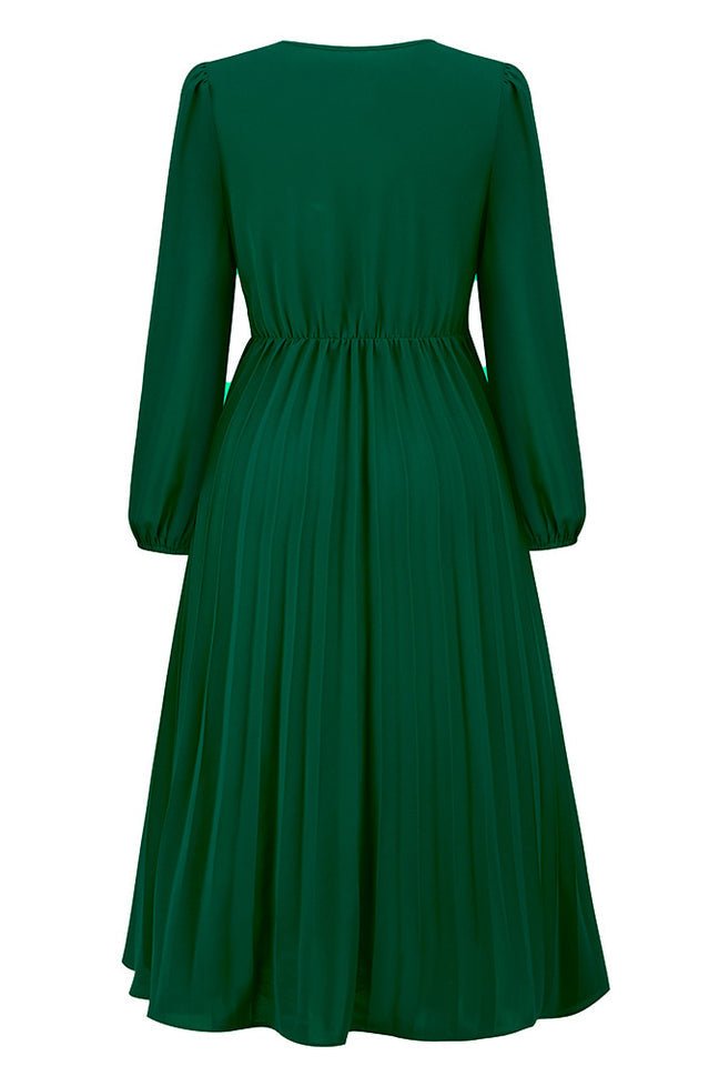 Pleated Belt V - Neck Dress - Tevqa