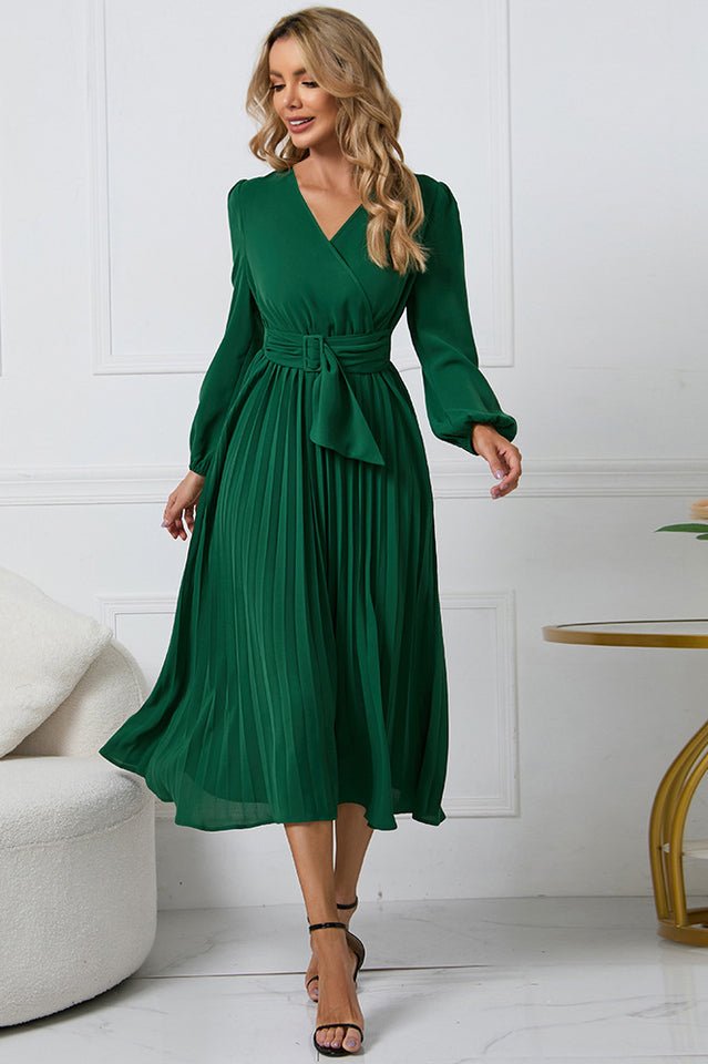 Pleated Belt V - Neck Dress - Tevqa