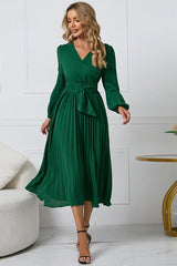 Pleated Belt V - Neck Dress - Tevqa