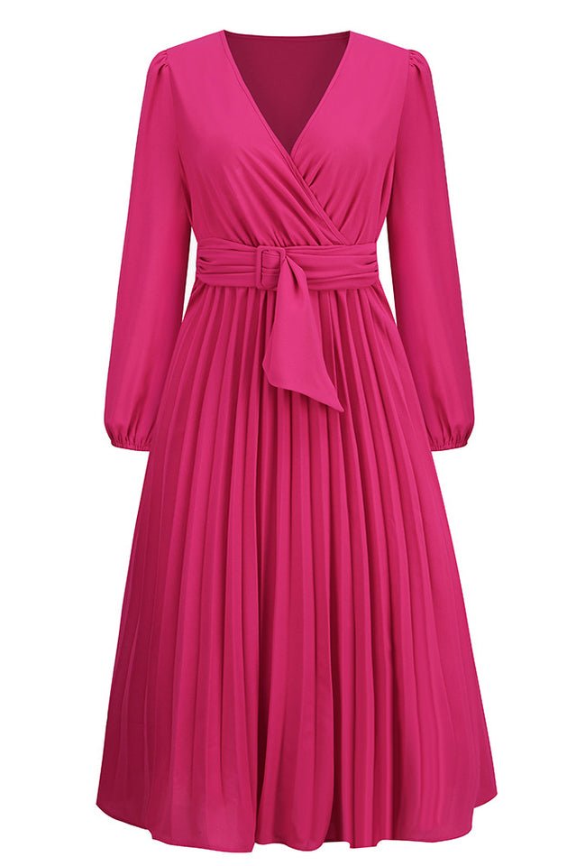 Pleated Belt V - Neck Dress - Tevqa