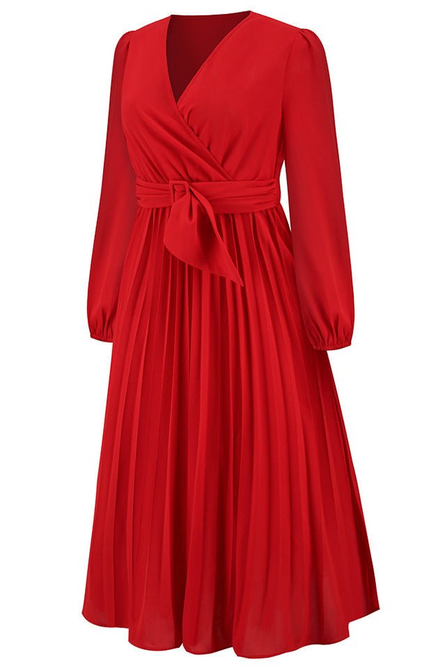 Pleated Belt V - Neck Dress - Tevqa