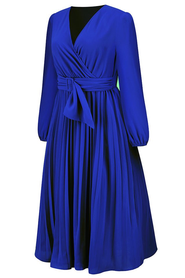 Pleated Belt V - Neck Dress - Tevqa