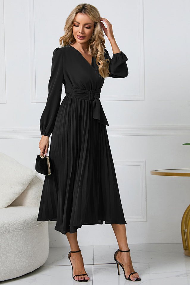 Pleated Belt V - Neck Dress - Tevqa