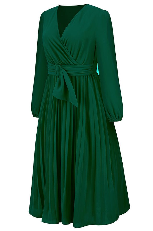 Pleated Belt V - Neck Dress - Tevqa