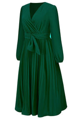 Pleated Belt V - Neck Dress - Tevqa