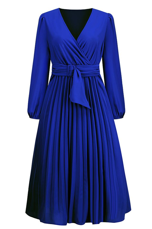 Pleated Belt V - Neck Dress - Tevqa