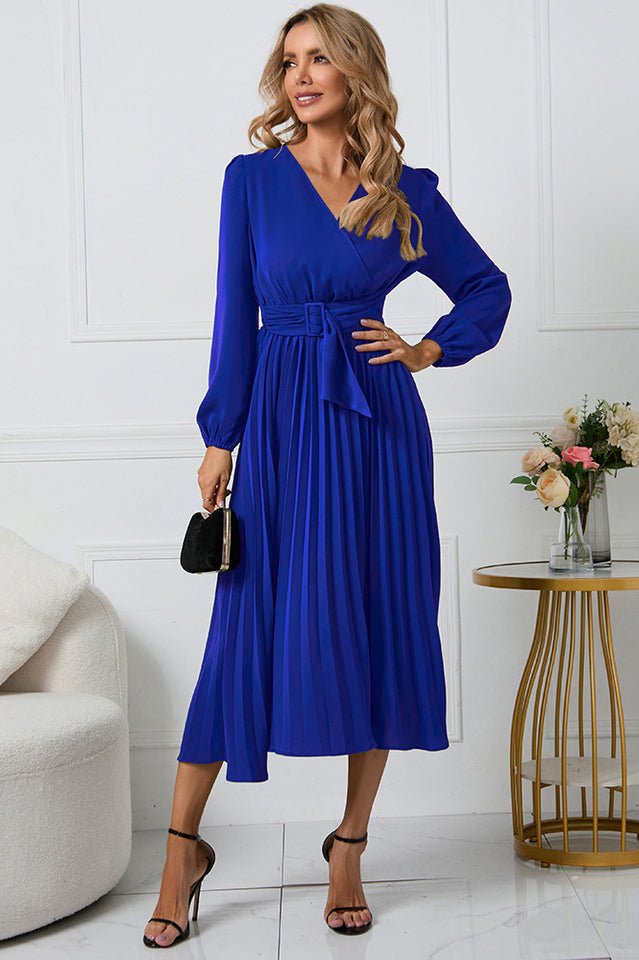 Pleated Belt V - Neck Dress - Tevqa