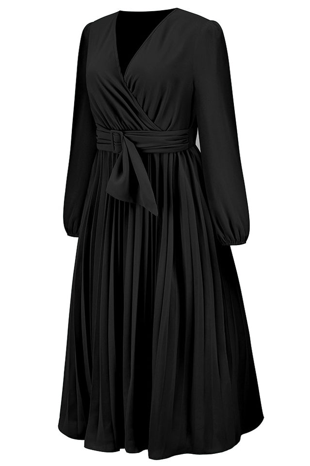 Pleated Belt V - Neck Dress - Tevqa