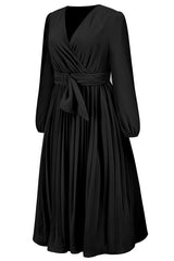 Pleated Belt V - Neck Dress - Tevqa