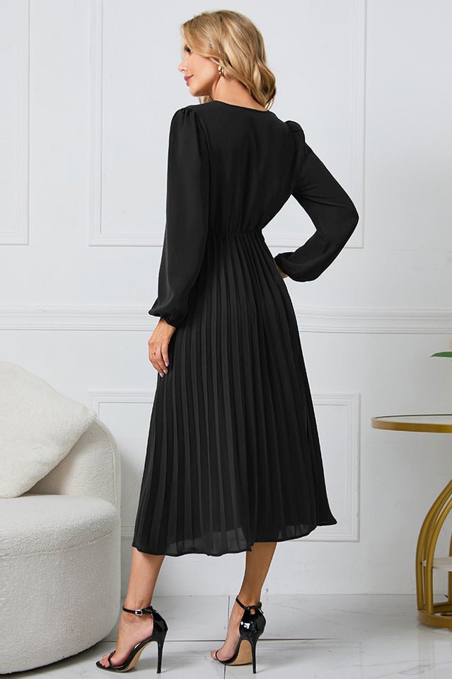 Pleated Belt V - Neck Dress - Tevqa