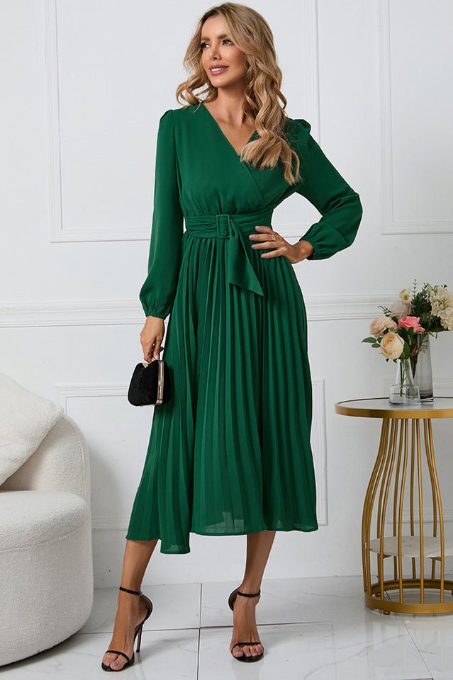 Pleated Belt V - Neck Dress - Tevqa