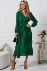 Pleated Belt V - Neck Dress - Tevqa