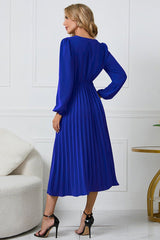 Pleated Belt V - Neck Dress - Tevqa