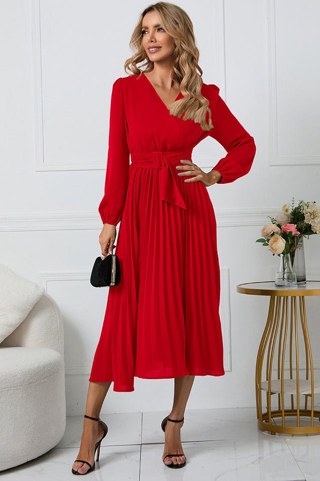 Pleated Belt V - Neck Dress - Tevqa