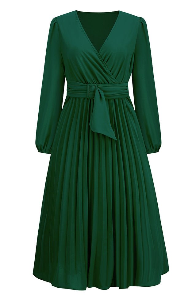 Pleated Belt V - Neck Dress - Tevqa