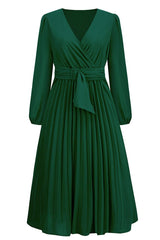 Pleated Belt V - Neck Dress - Tevqa