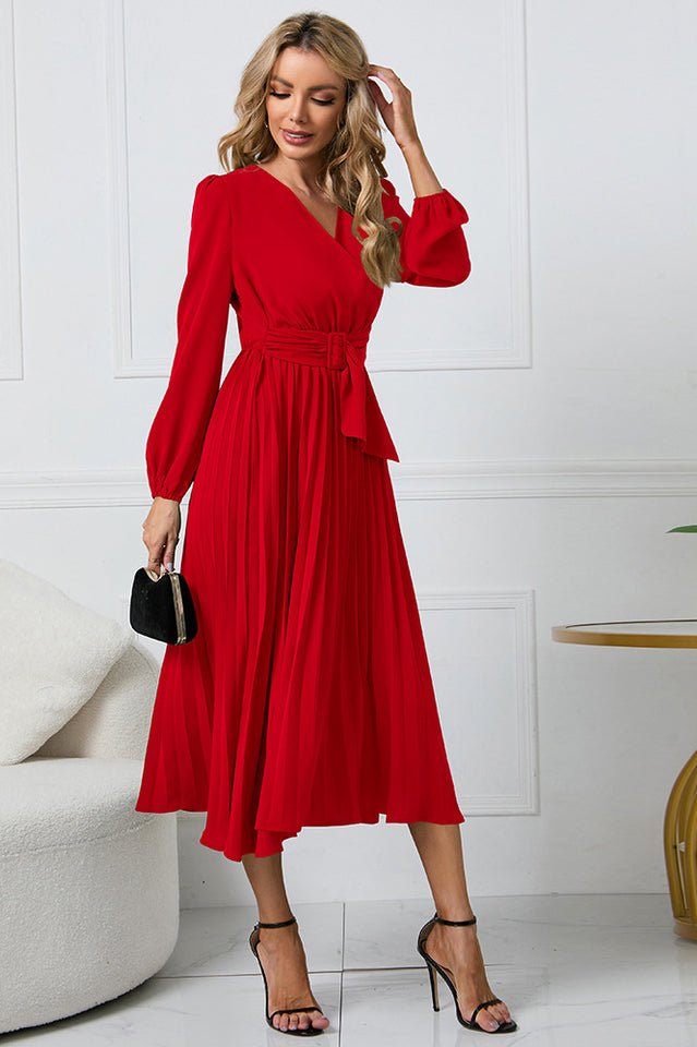 Pleated Belt V - Neck Dress - Tevqa