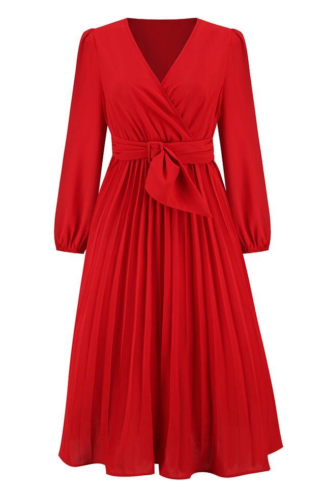 Pleated Belt V - Neck Dress - Tevqa