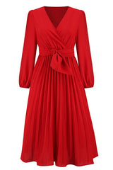 Pleated Belt V - Neck Dress - Tevqa
