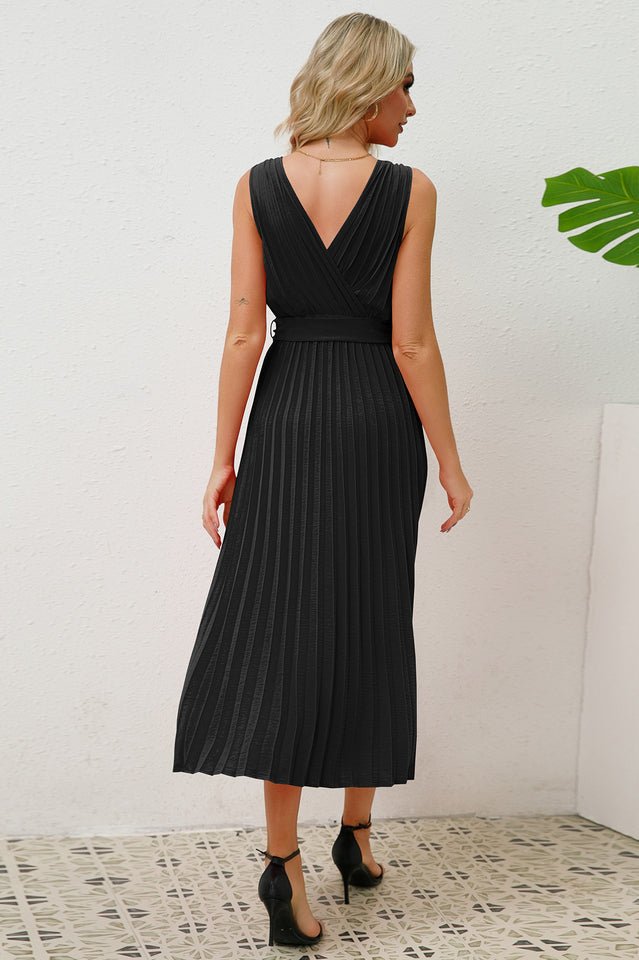 Pleated Sleeveless Dress with Belt - Tevqa