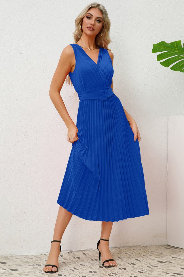 Pleated Sleeveless Dress with Belt - Tevqa