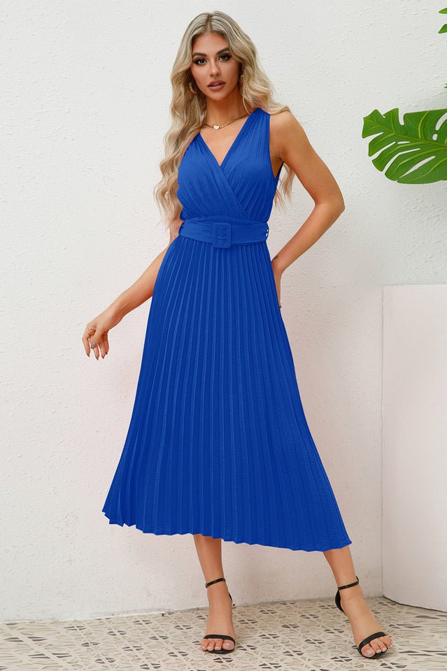 Pleated Sleeveless Dress with Belt - Tevqa