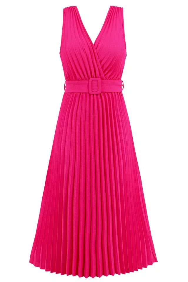 Close-up of a bright pink sleeveless pleated midi dress with a V-neck and matching belt