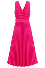Pleated Sleeveless Dress with Belt - Tevqa