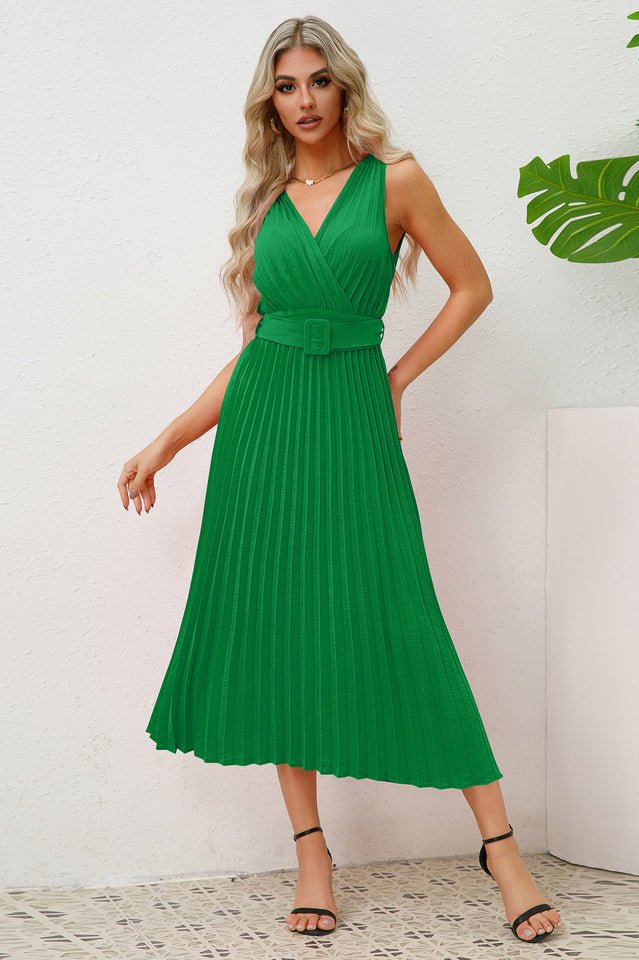 Pleated Sleeveless Dress with Belt - Tevqa