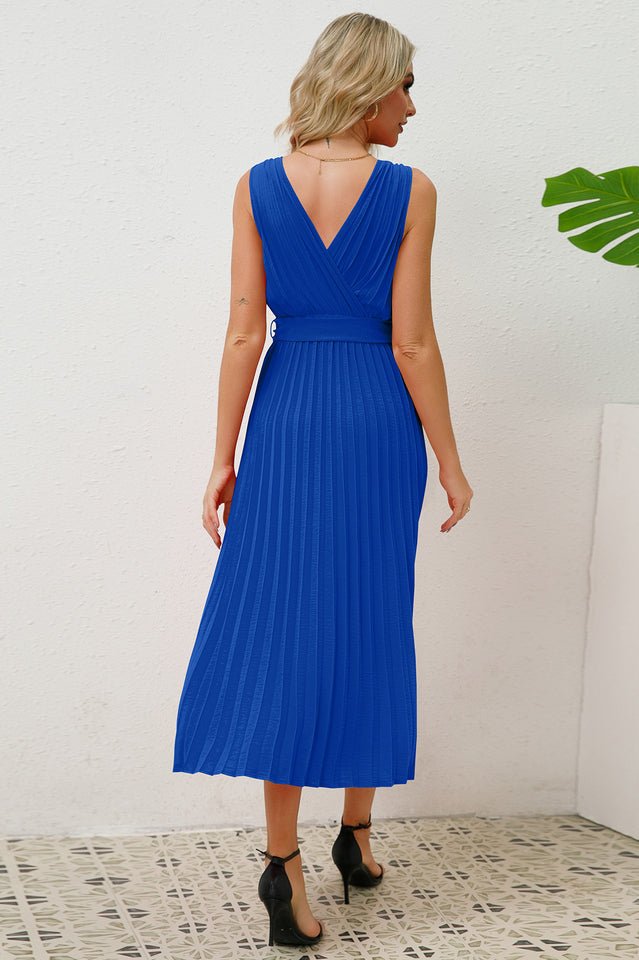 Pleated Sleeveless Dress with Belt - Tevqa