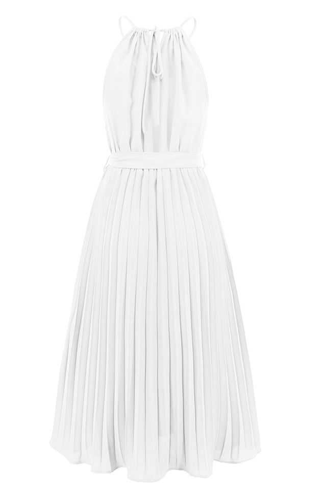Pleated Spaghetti Strap Tie Waist Midi Dress - Tevqa
