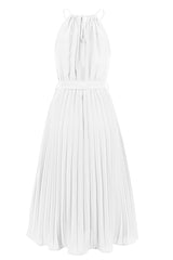 Pleated Spaghetti Strap Tie Waist Midi Dress - Tevqa