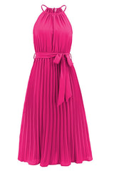 Pleated Spaghetti Strap Tie Waist Midi Dress - Tevqa