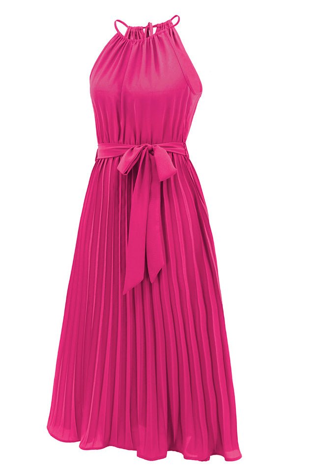 Pleated Spaghetti Strap Tie Waist Midi Dress - Tevqa