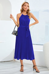 Pleated Spaghetti Strap Tie Waist Midi Dress - Tevqa