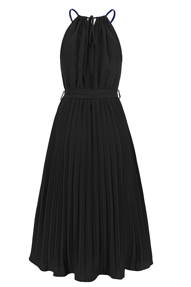 Pleated Spaghetti Strap Tie Waist Midi Dress - Tevqa