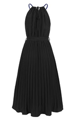 Pleated Spaghetti Strap Tie Waist Midi Dress - Tevqa