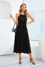 Pleated Spaghetti Strap Tie Waist Midi Dress - Tevqa