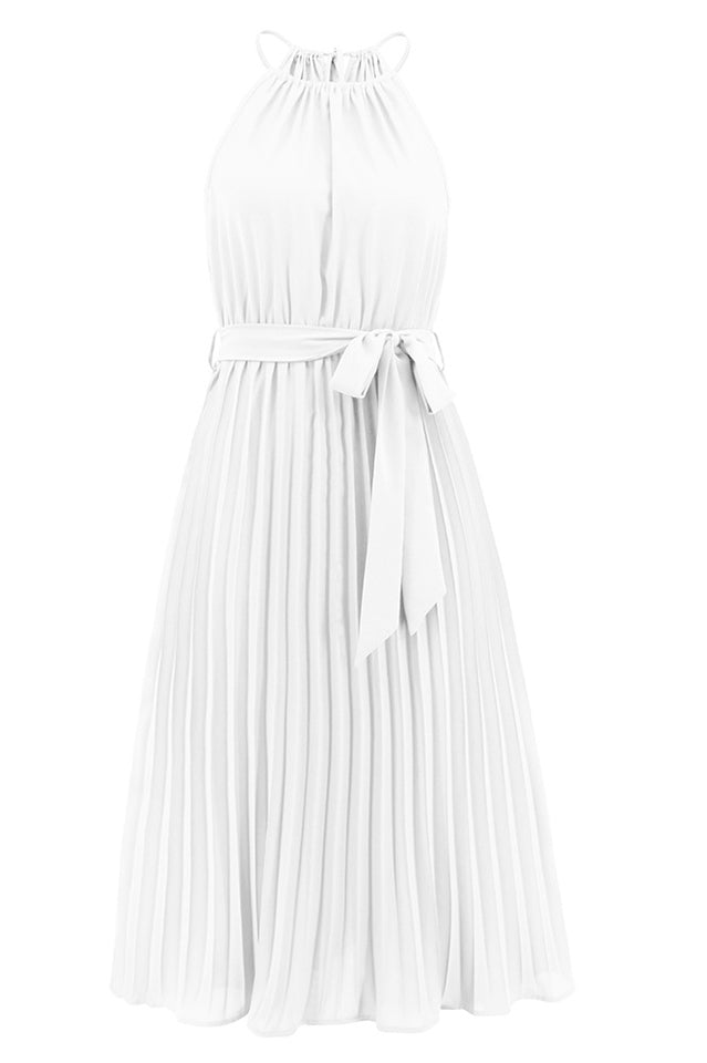 Pleated Spaghetti Strap Tie Waist Midi Dress - Tevqa